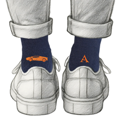 Calze Personalizzate Car Lovers | Cotone Blu | Supercar + Iniziale Ricamata Arancio