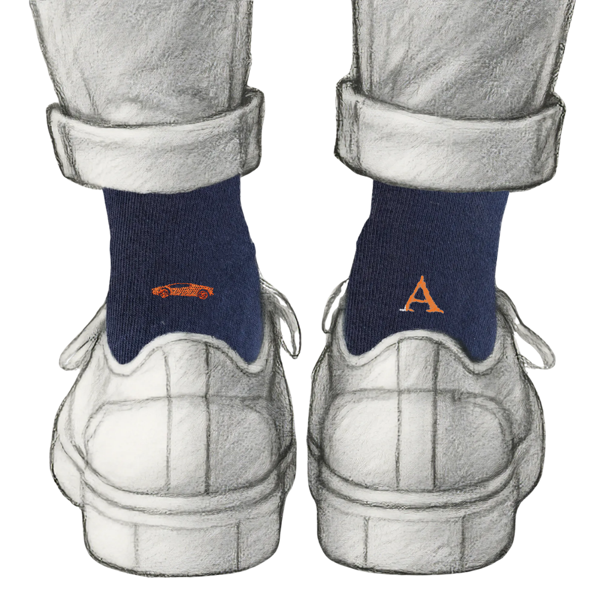 Calze Personalizzate Car Lovers | Cotone Blu | Supercar + Iniziale Ricamata Arancio