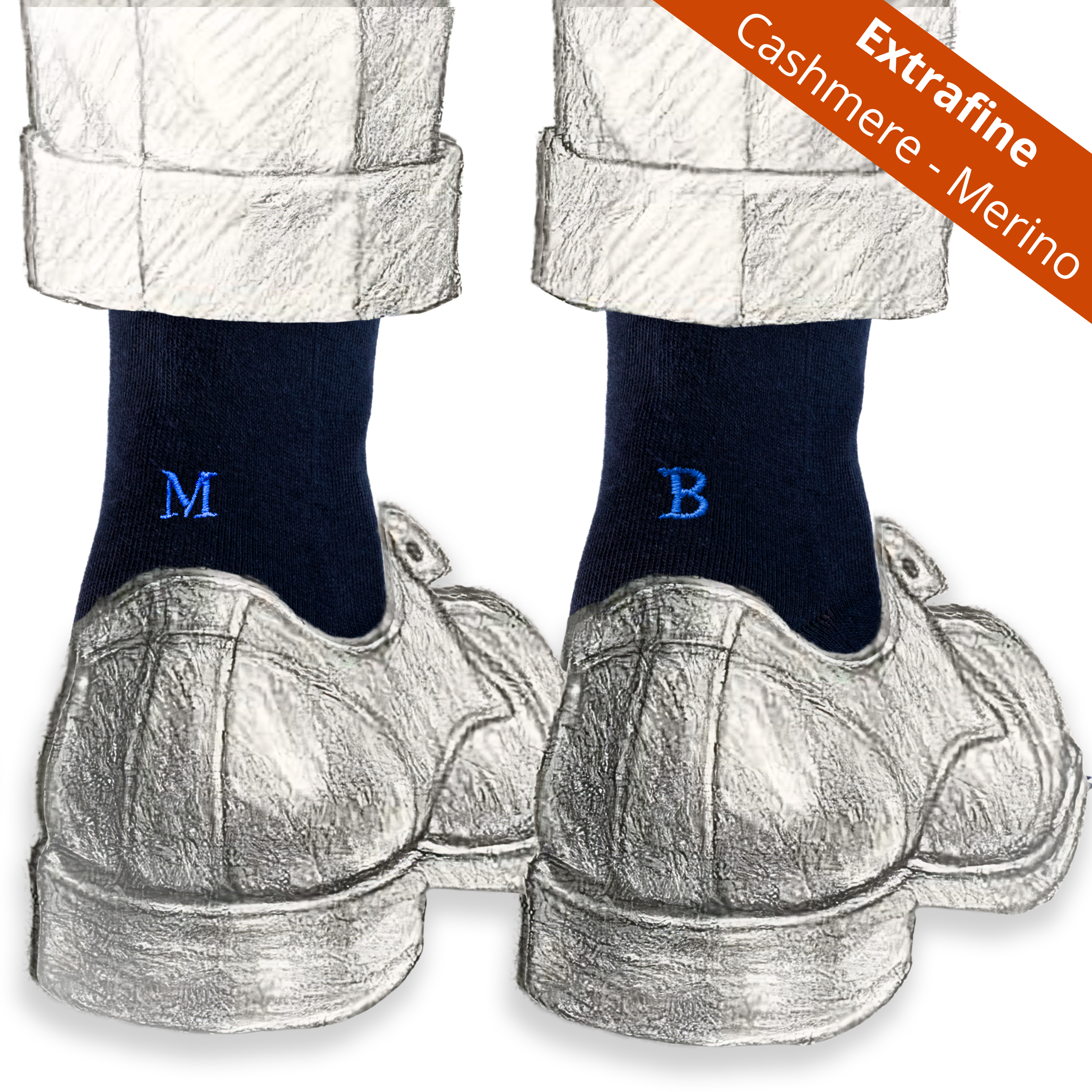 Calze Uomo Cashmere Merino Extrafine | Blu iniziali ricamate Royal | Lunghezza Ginocchio