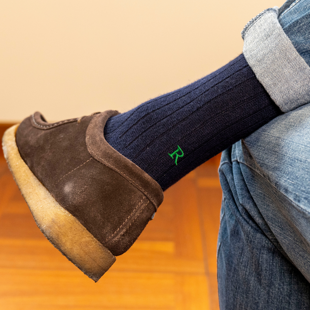 Calze Uomo Cashmere Blend | Blu iniziali Ricamate Verde | Lunghezza Ginocchio
