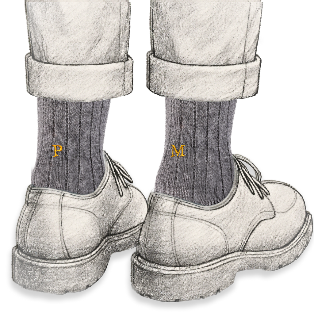Calze Uomo Cashmere Blend | Grigio iniziali Ricamate Senape | Lunghezza Ginocchio