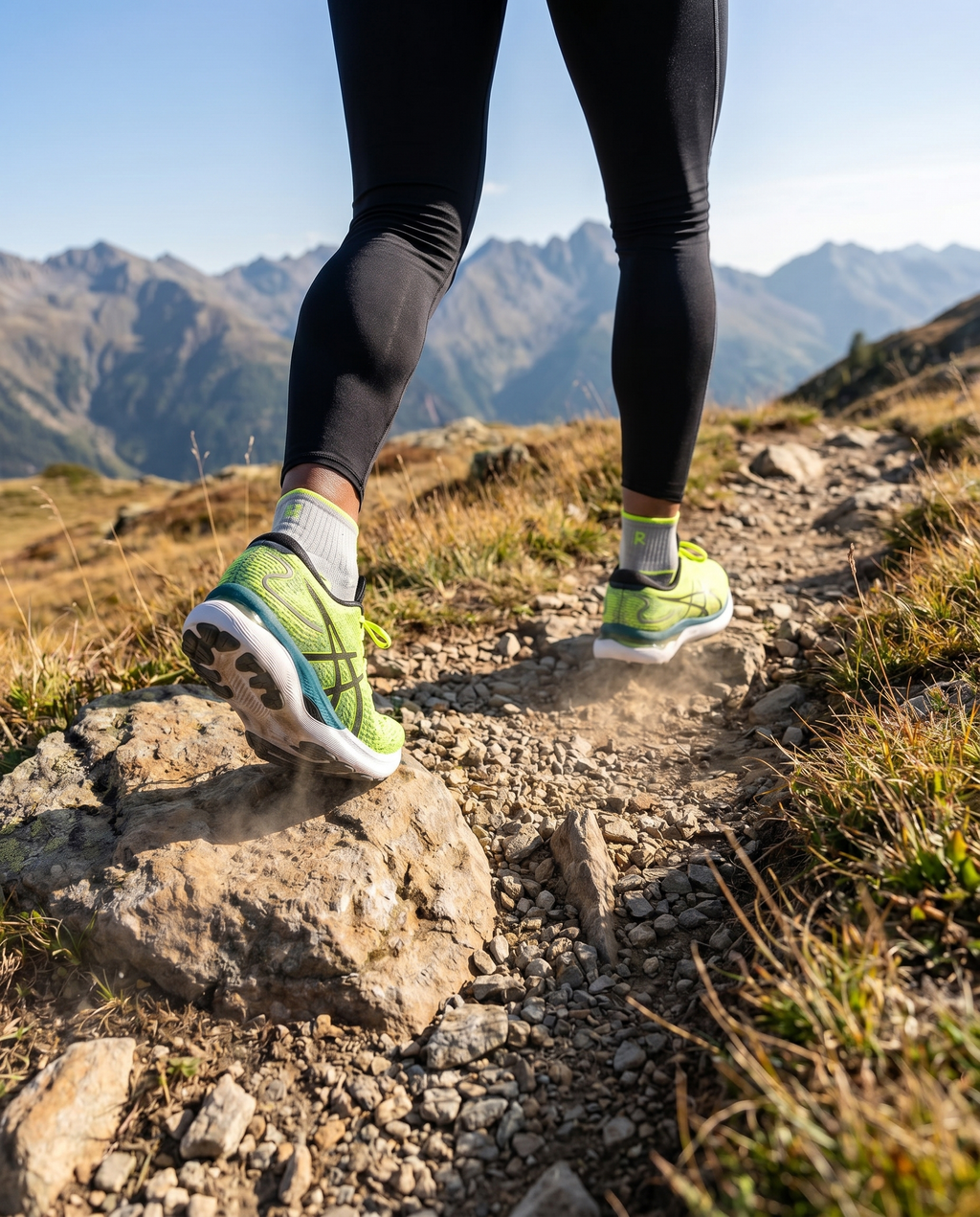 Calze sportive grigie con iniziali ricamate fluo, lunghezza caviglia, indossate in montagna — regalo per chi ama lo sport