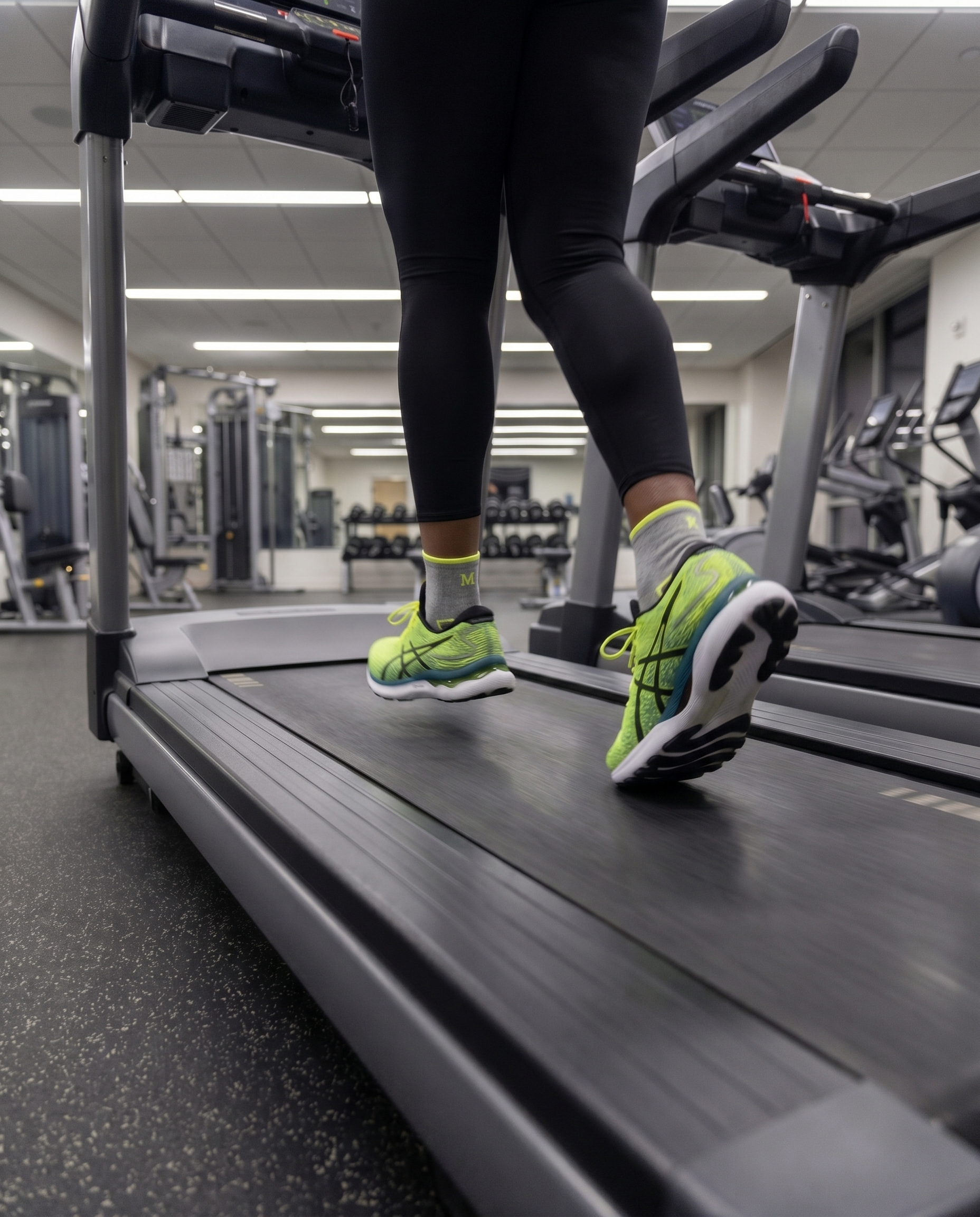 Calze sportive grigie con iniziali ricamate fluo, lunghezza caviglia, indossate in palestra — regalo per chi ama lo sport