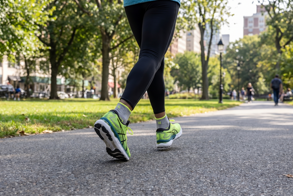 Calze sportive grigie con iniziali ricamate fluo, lunghezza caviglia, indossate al parco — regalo per chi ama lo sport