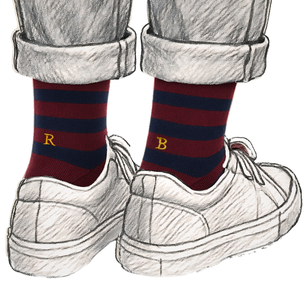Calze Uomo Cotone Stretch | Riga Blu Bordeaux Iniziali Ricamate Senape | Taglia 40/45 | Lunghezza Ginocchio