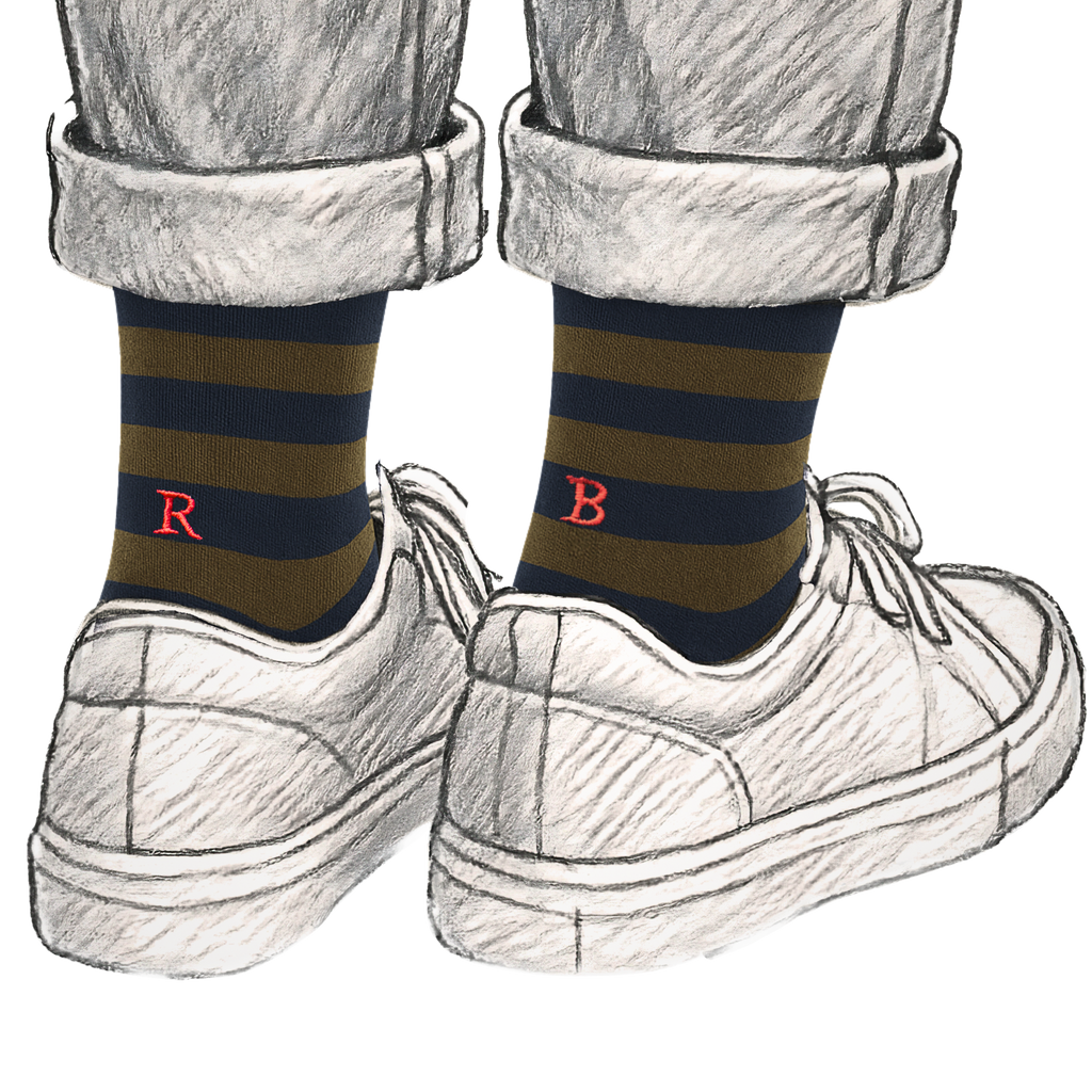 Calze Uomo Cotone Stretch | Riga Blu Marrone Iniziali Ricamate Rosse | Taglia 40/45 | Lunghezza Ginocchio