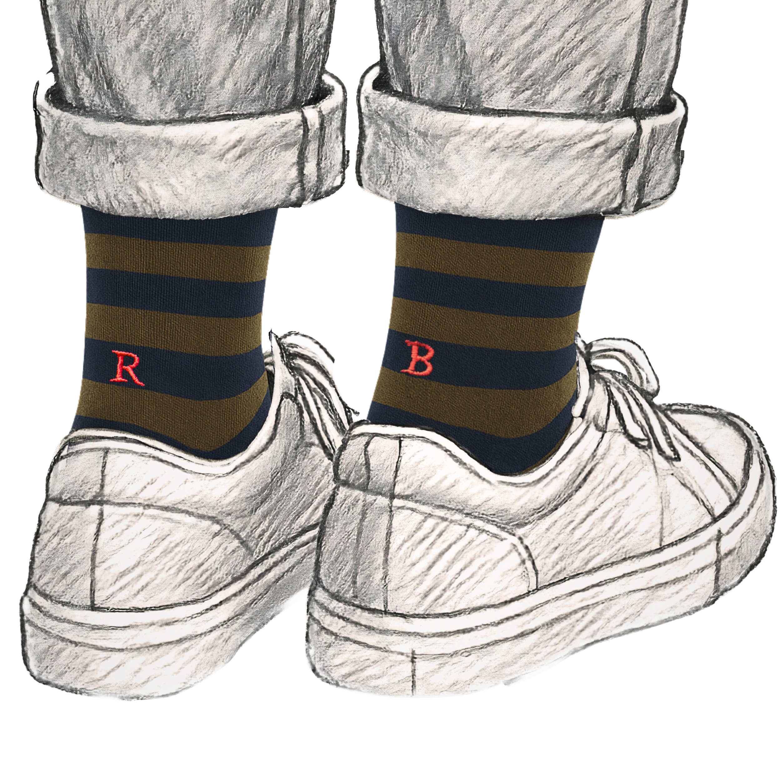 Calze Uomo Cotone Stretch | Riga Blu Marrone Iniziali Ricamate Rosse | Taglia 40/45 | Lunghezza Ginocchio