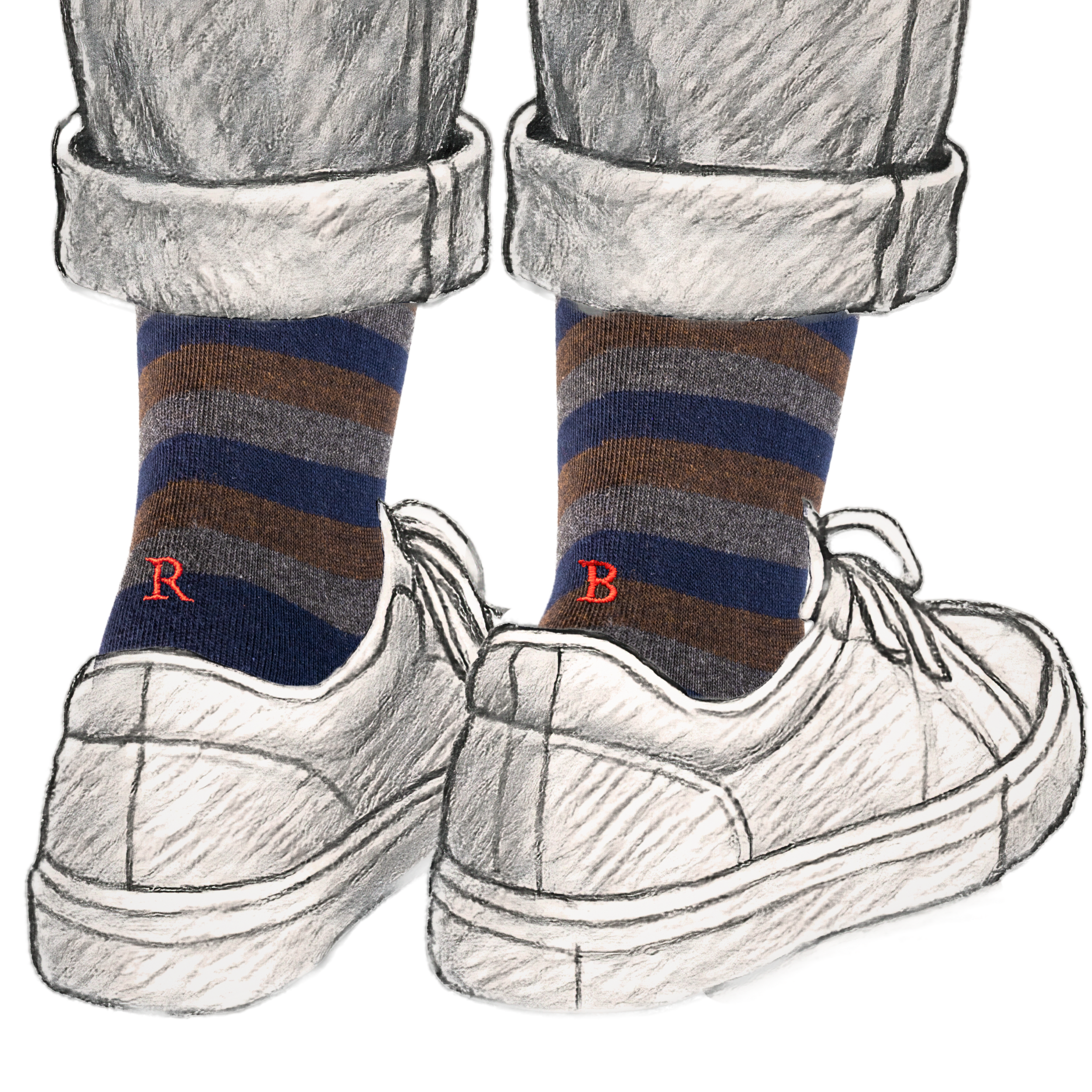 Calze Uomo Cotone Stretch | Riga Blu Grigio Marrone Iniziali Ricamate Rosse | Taglia 40/45 | Lunghezza Ginocchio
