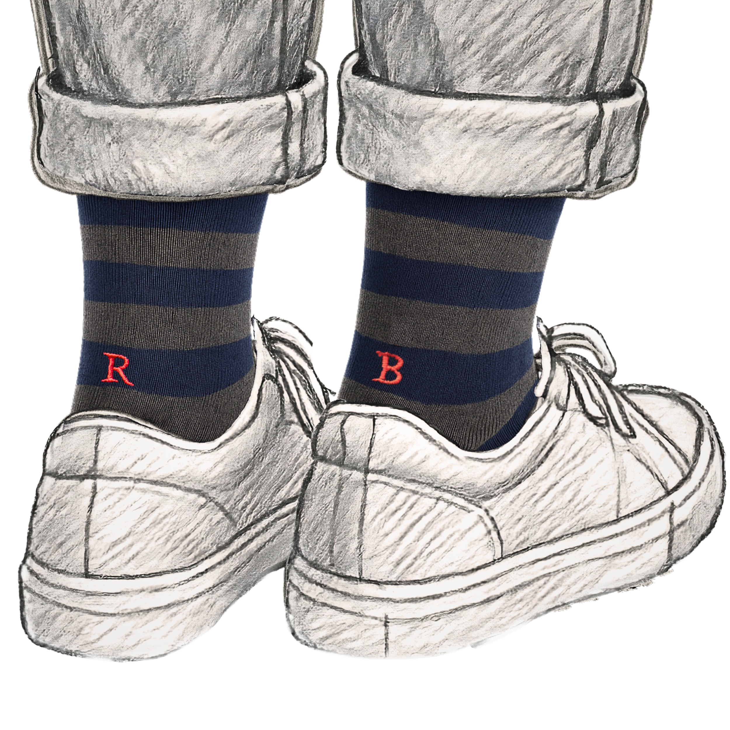 Calze Uomo Cotone Stretch | Riga Blu Grigio Iniziali Ricamate Rosse | Taglia 40/45 | Lunghezza Ginocchio