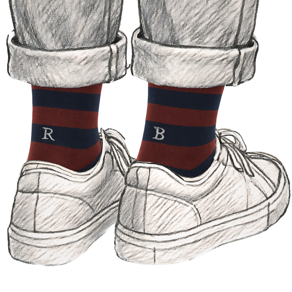 Calze Uomo Cotone Stretch | Riga Blu Bordeaux Iniziali Ricamate Grigie | Taglia 40/45 | Lunghezza Ginocchio