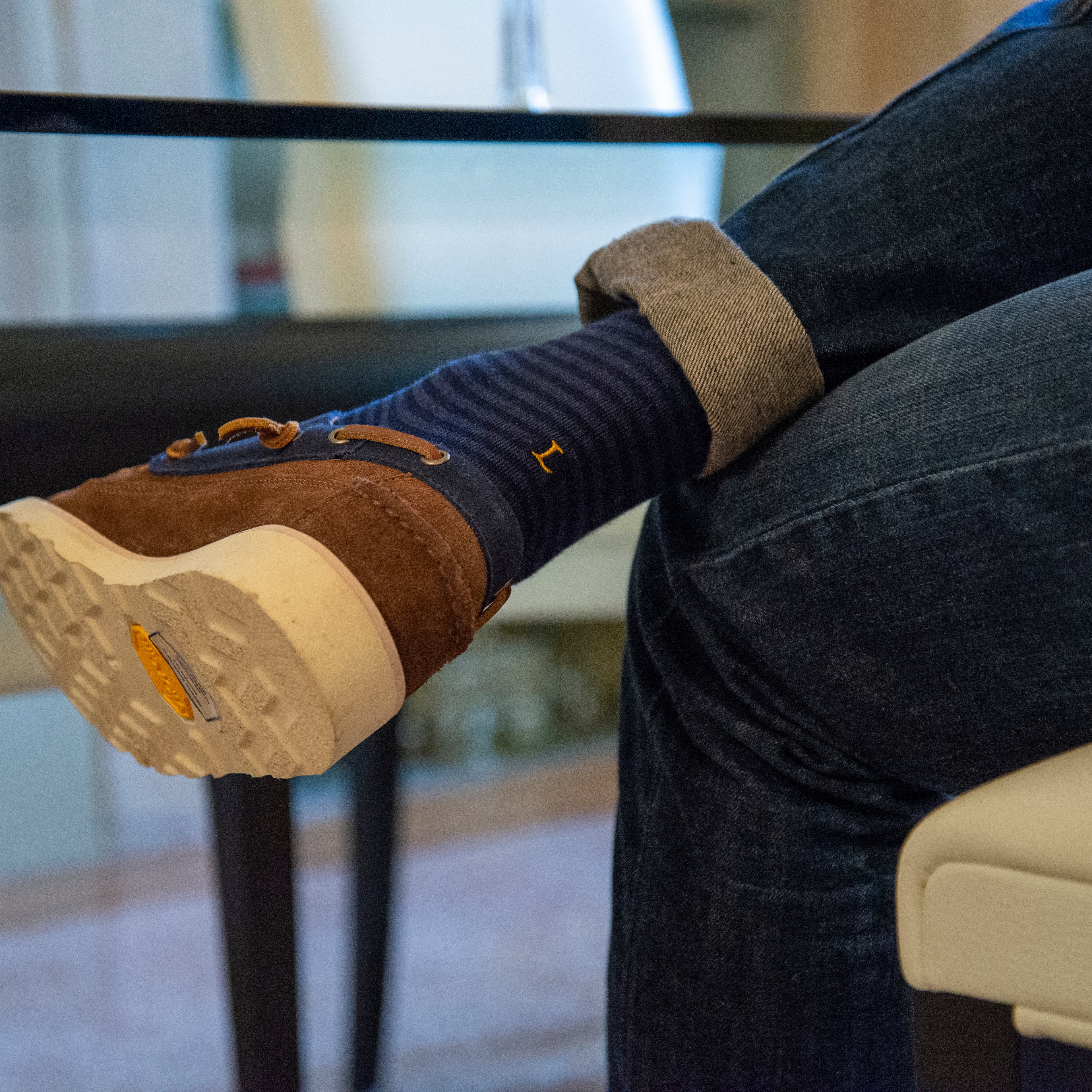 Calze a Righe Blu/Denim Uomo iniziali Senape - Cotone Stretch - Taglia 40/45 - 315  - ATTENZIONE!!! Se non trovi la tua lettera scegli "OTHER LETTERS" e scrivi le lettere che vuoi nelle note cliccando "AGGIUNGI NOTA" nel check out .