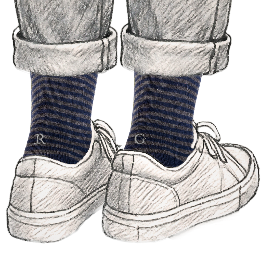 Calze Uomo Cotone Stretch | Riga Blu Grigio Iniziali Ricamate Grigie | Taglia 40/45 | Lunghezza Ginocchio