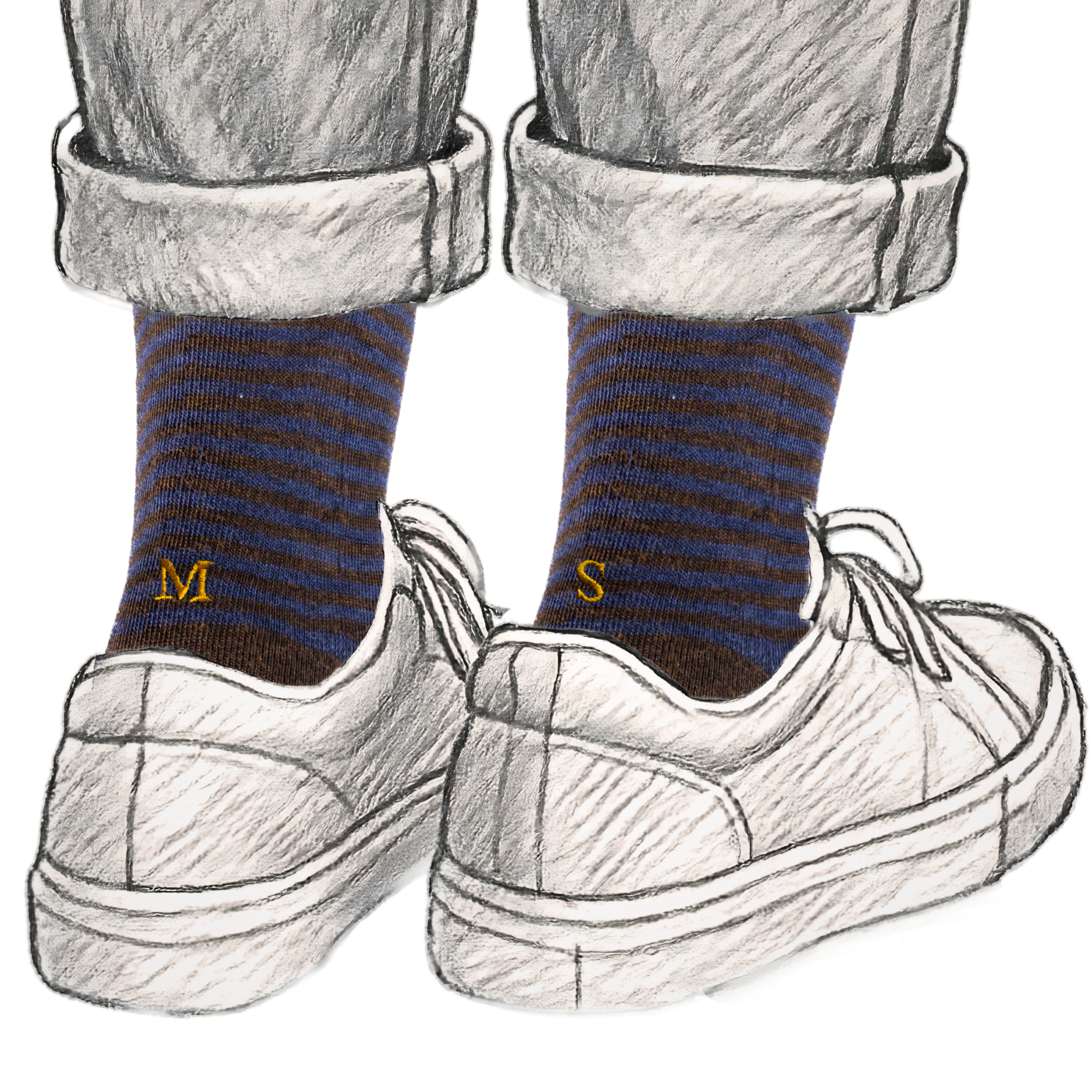 Calze Uomo Cotone Stretch | Riga Blu Marrone Iniziali Ricamate Senape | Taglia 40/45 | Lunghezza Ginocchio