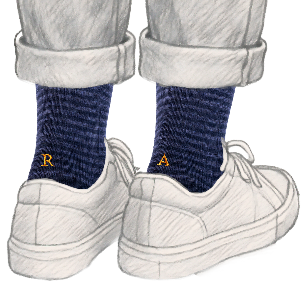 Calze Uomo Cotone Stretch | Riga Blu Denim Iniziali Ricamate Senape | Taglia 40/45 | Lunghezza Ginocchio