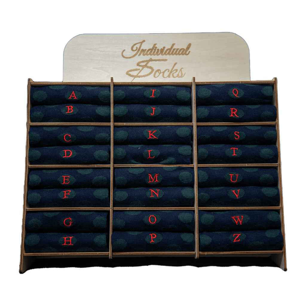 Calze Uomo Cotone Stretch | Pois Verdi Iniziali Ricamate Rosse | Taglia 40/45 | Lunghezza Ginocchio