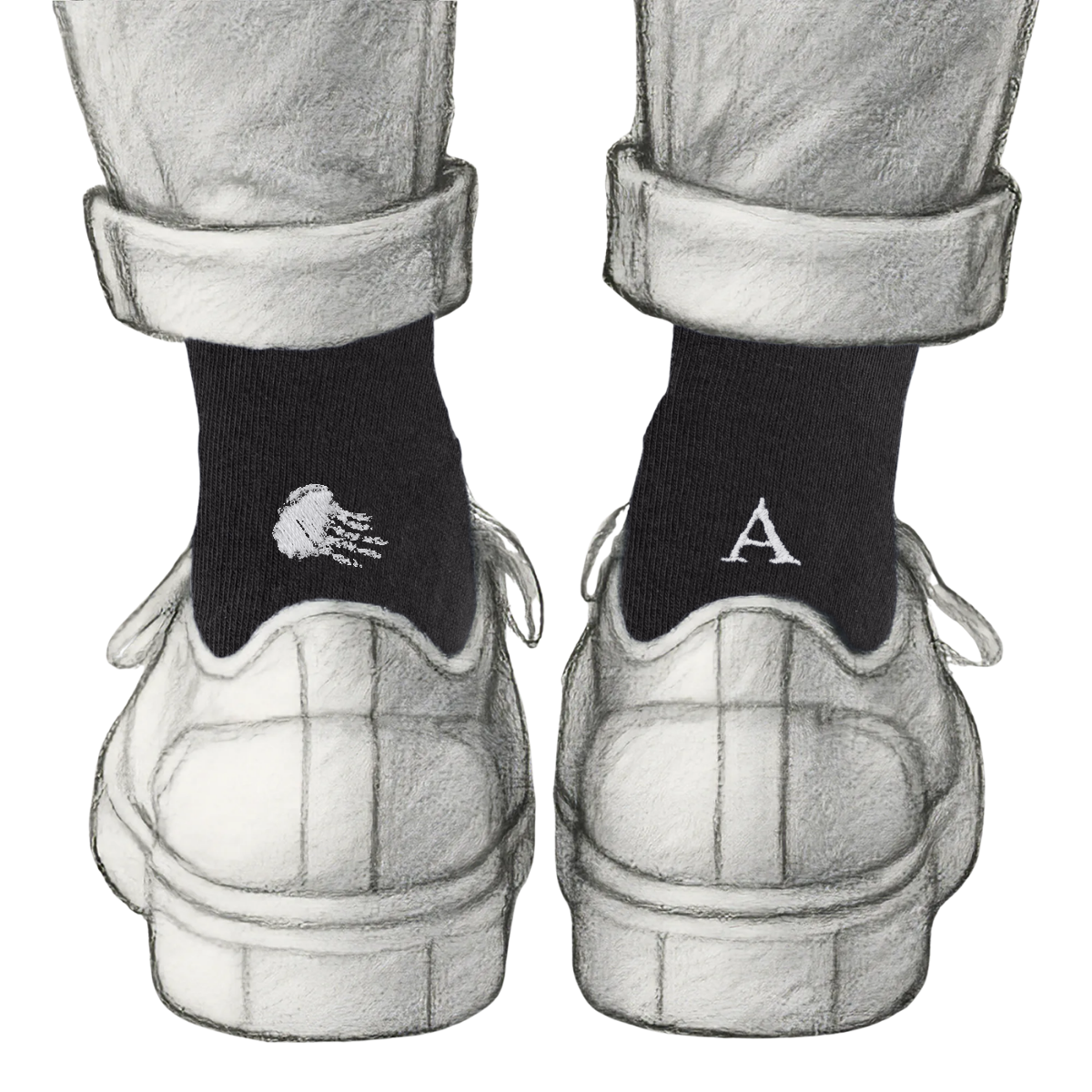 Calze Personalizzate Donna Sea Lovers | Cotone Nero | Medusa + Iniziale Ricamata Argento