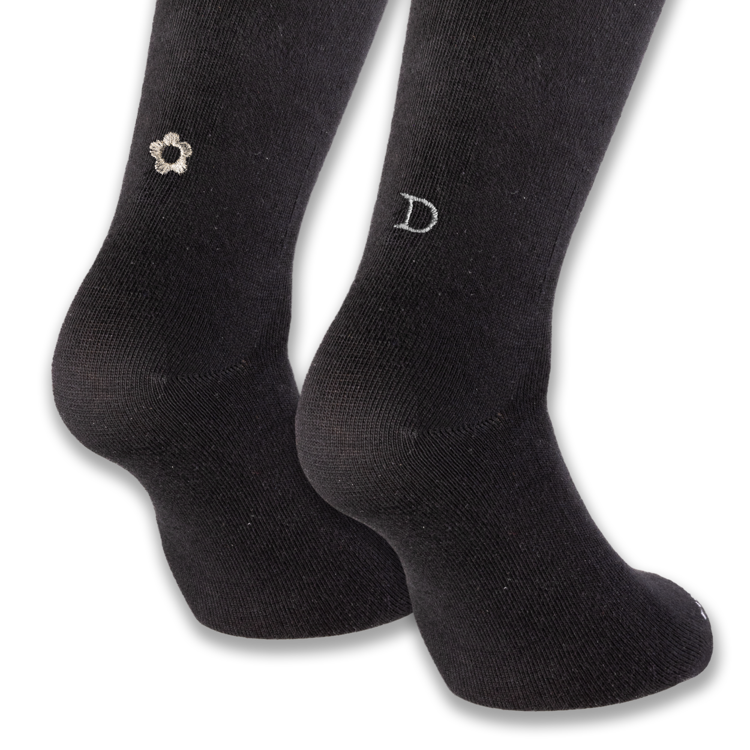 Calze Personalizzate Donna Dolce Vita Lovers | Cotone Nero | Fiore + Iniziale Ricamata Argento