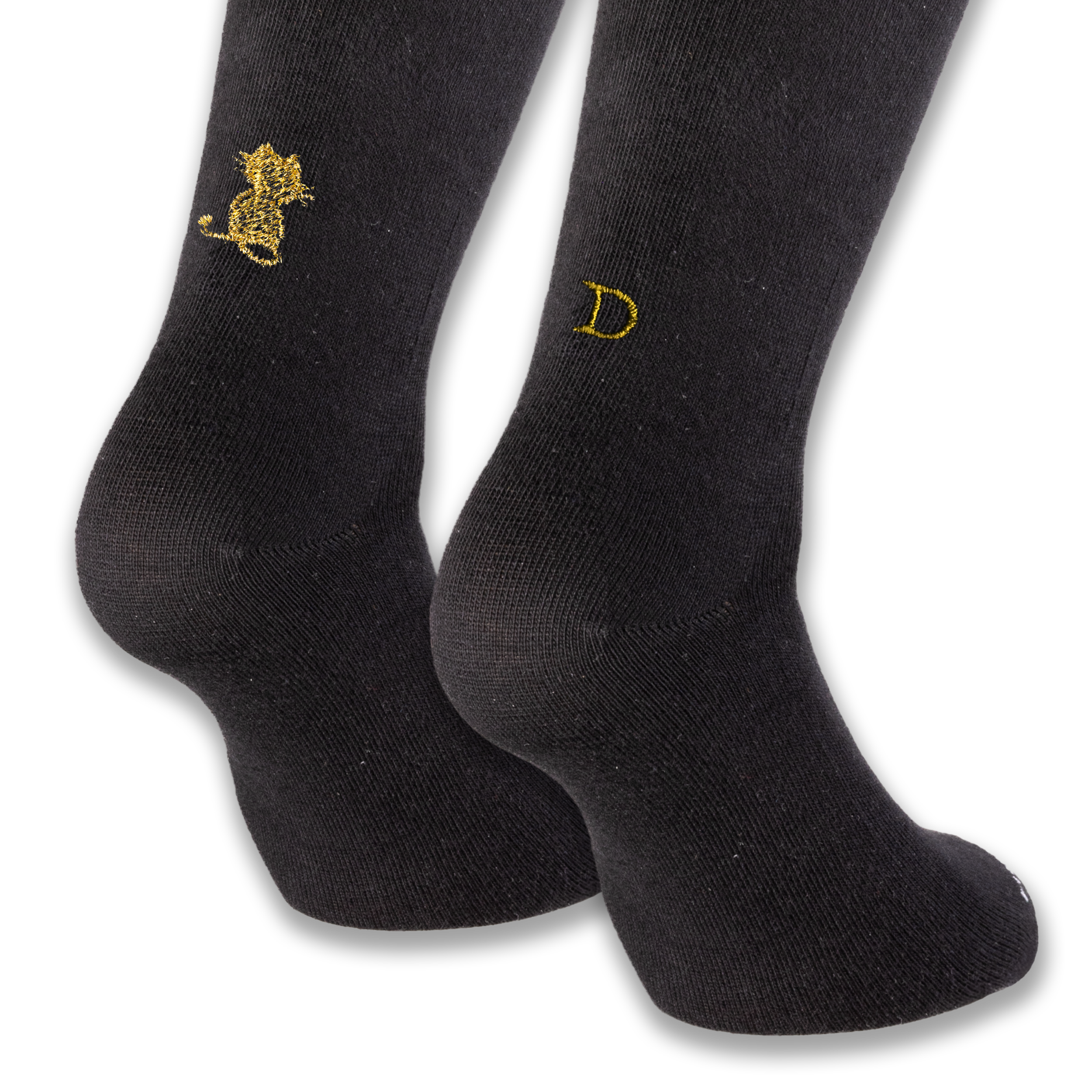 Calze Personalizzate Donna Pet Lovers | Cotone Nero | Gatto + Iniziale Ricamata Oro
