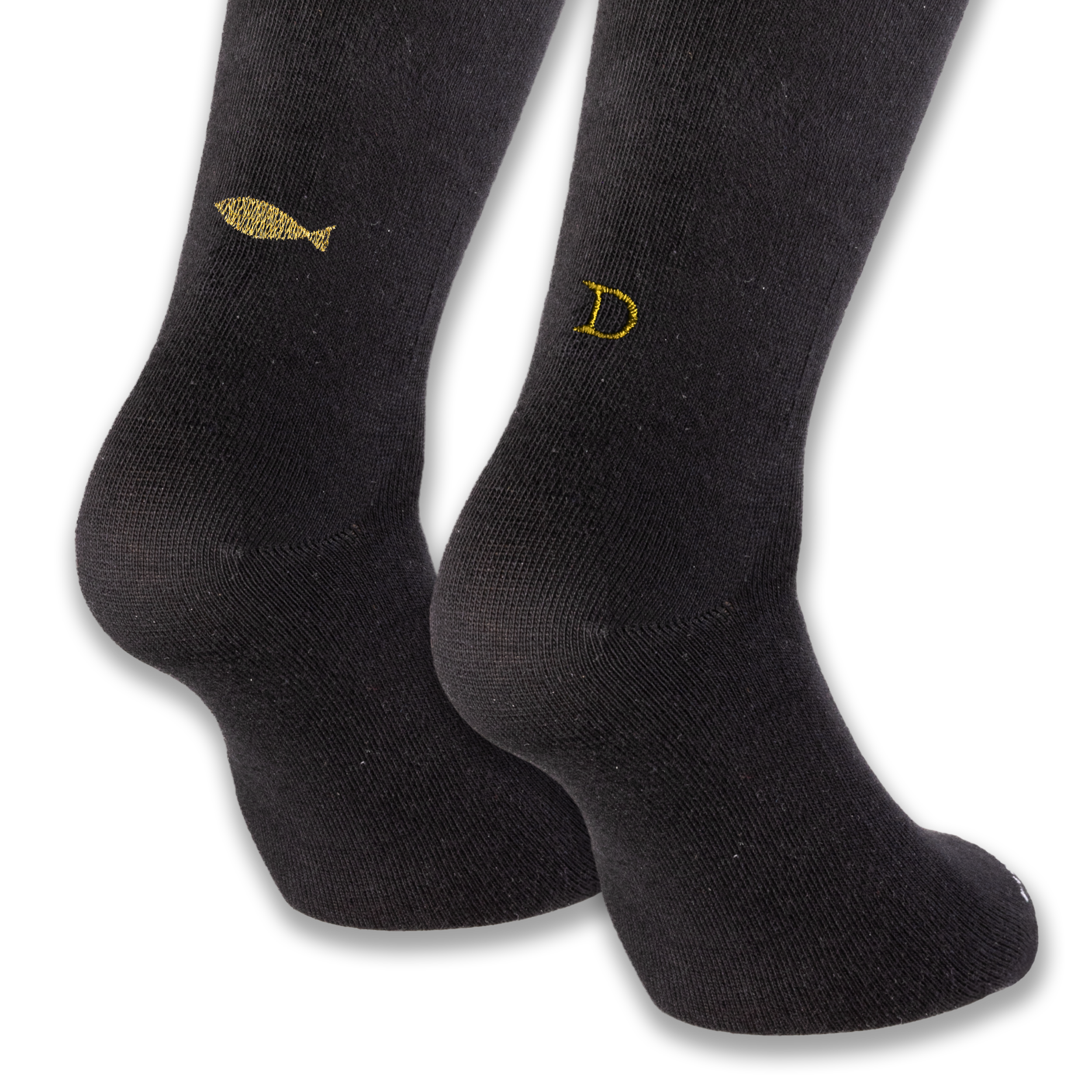 Calze Personalizzate Donna Animal Lovers | Cotone Nero | Pesce + Iniziale Ricamata Oro