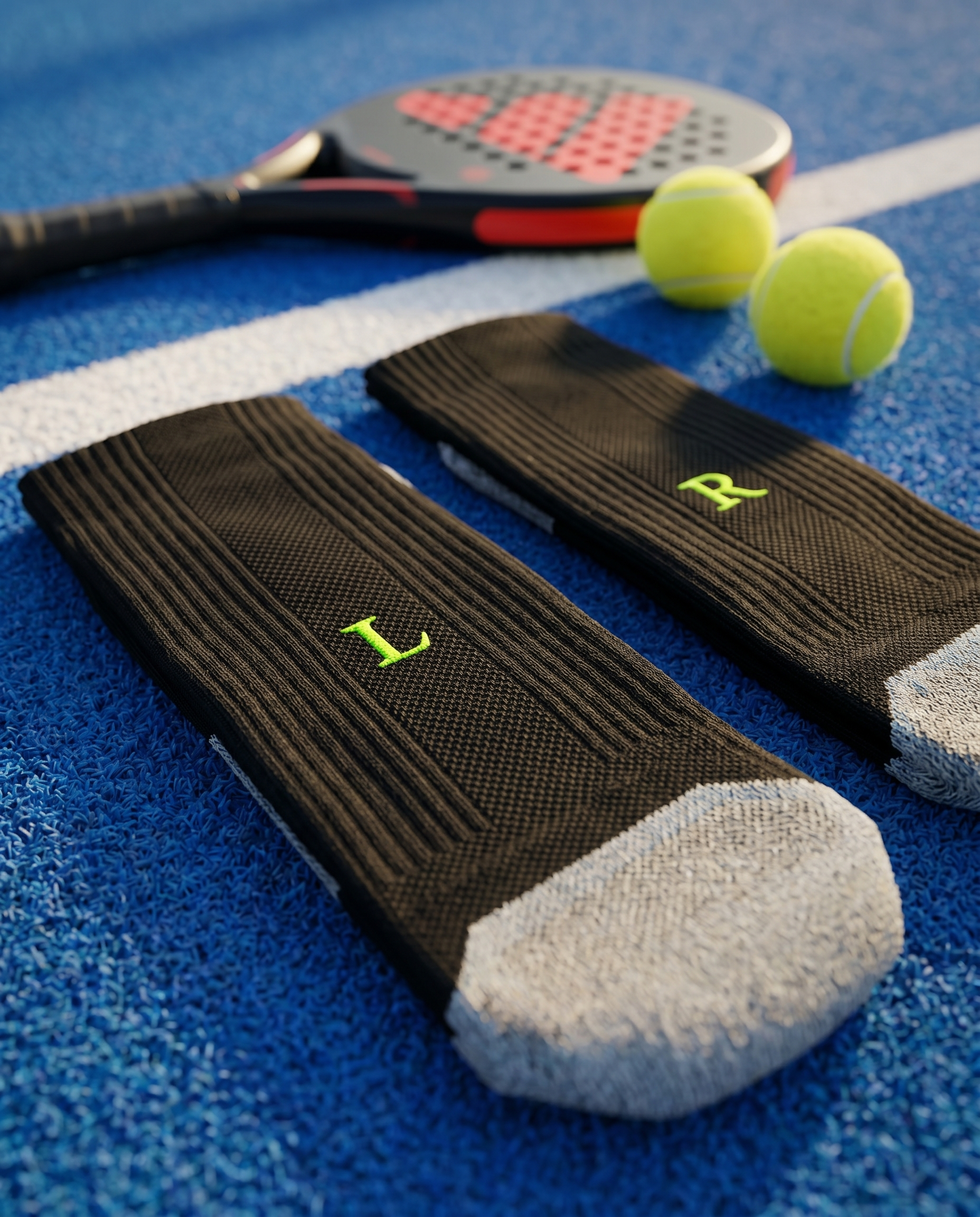 Calze padel personalizzate Solo Iniziali, nere con iniziali ricamate in giallo fluo — il miglior regalo per chi gioca a padel