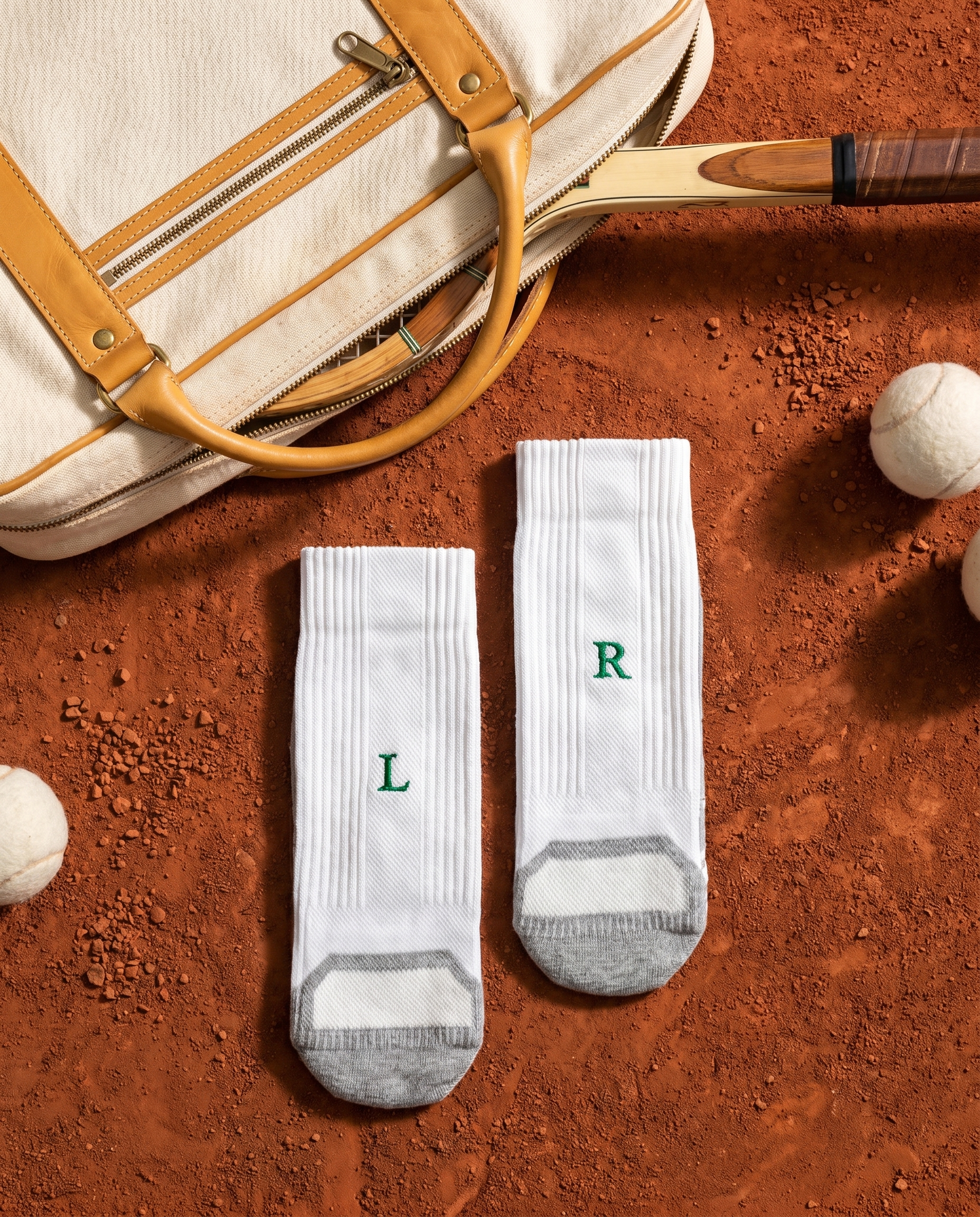 Calze tennis personalizzate Solo Iniziali, bianche con iniziali ricamate in verde — il miglior regalo per chi gioca a tennis