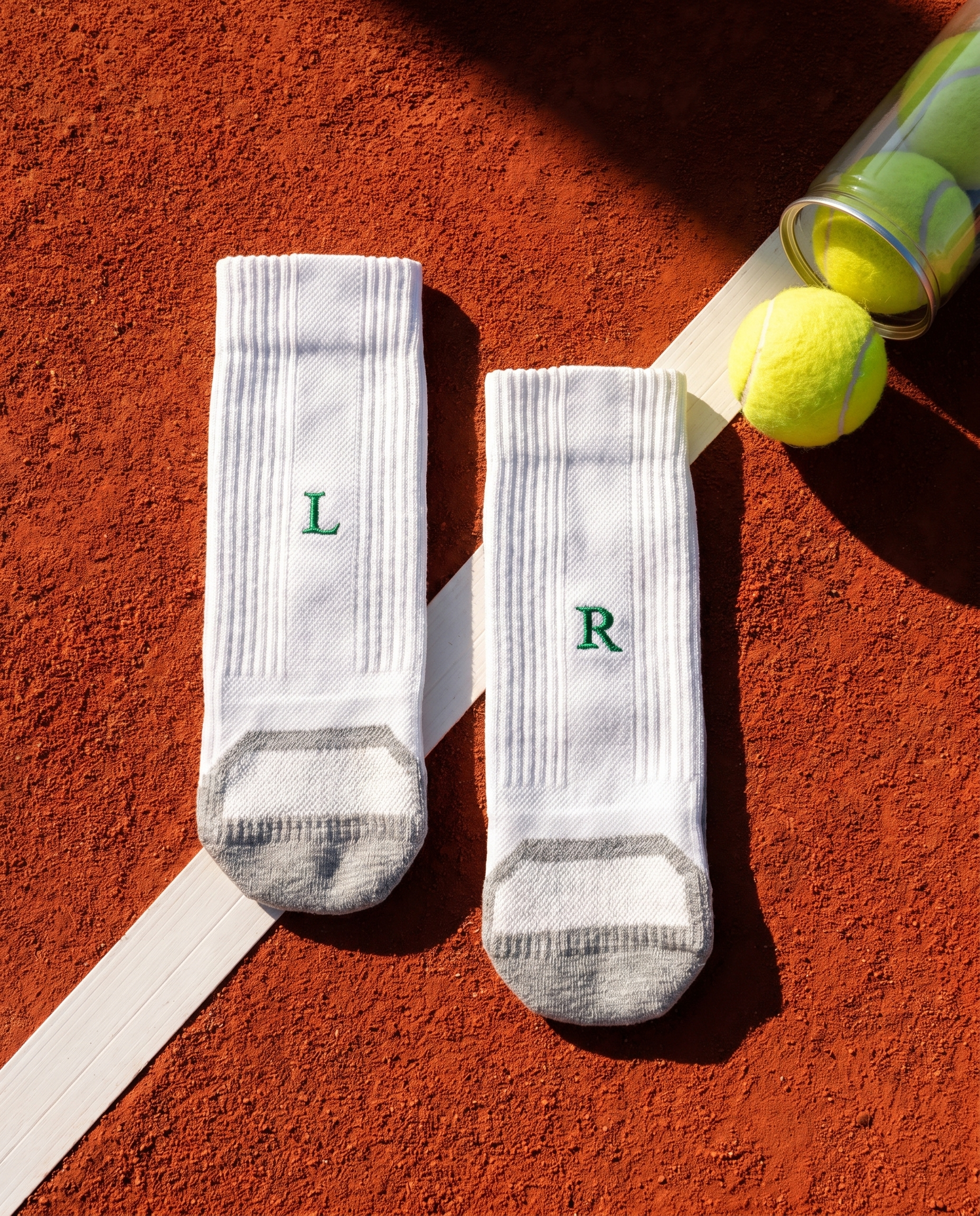 Calze tennis personalizzate Solo Iniziali, bianche con iniziali ricamate in verde — il miglior regalo per chi gioca a tennis