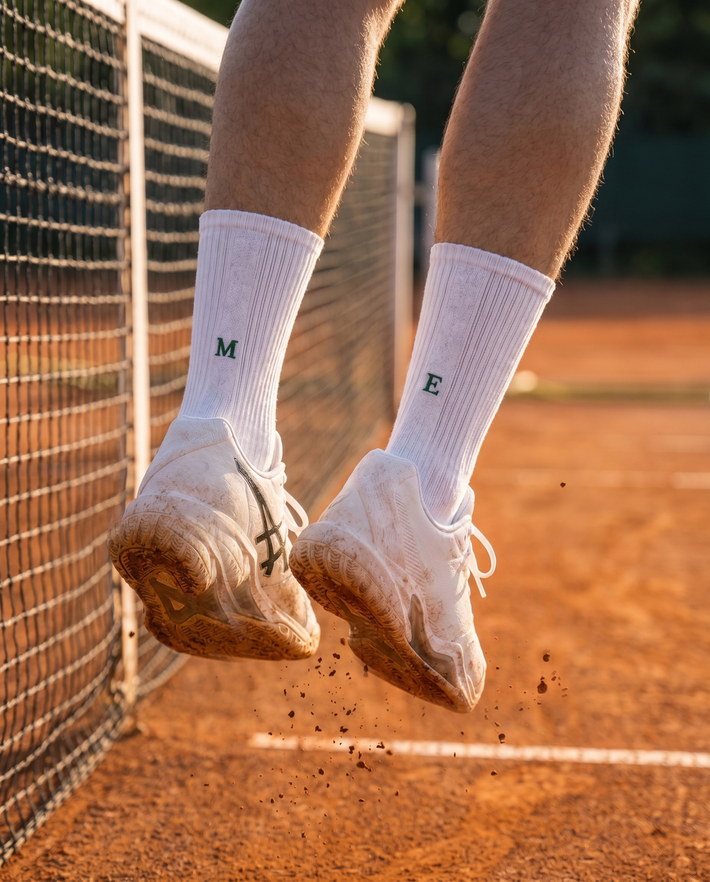 Calze tennis personalizzate con iniziali ricamate in verde, in campo — il miglior regalo per chi gioca a tennis