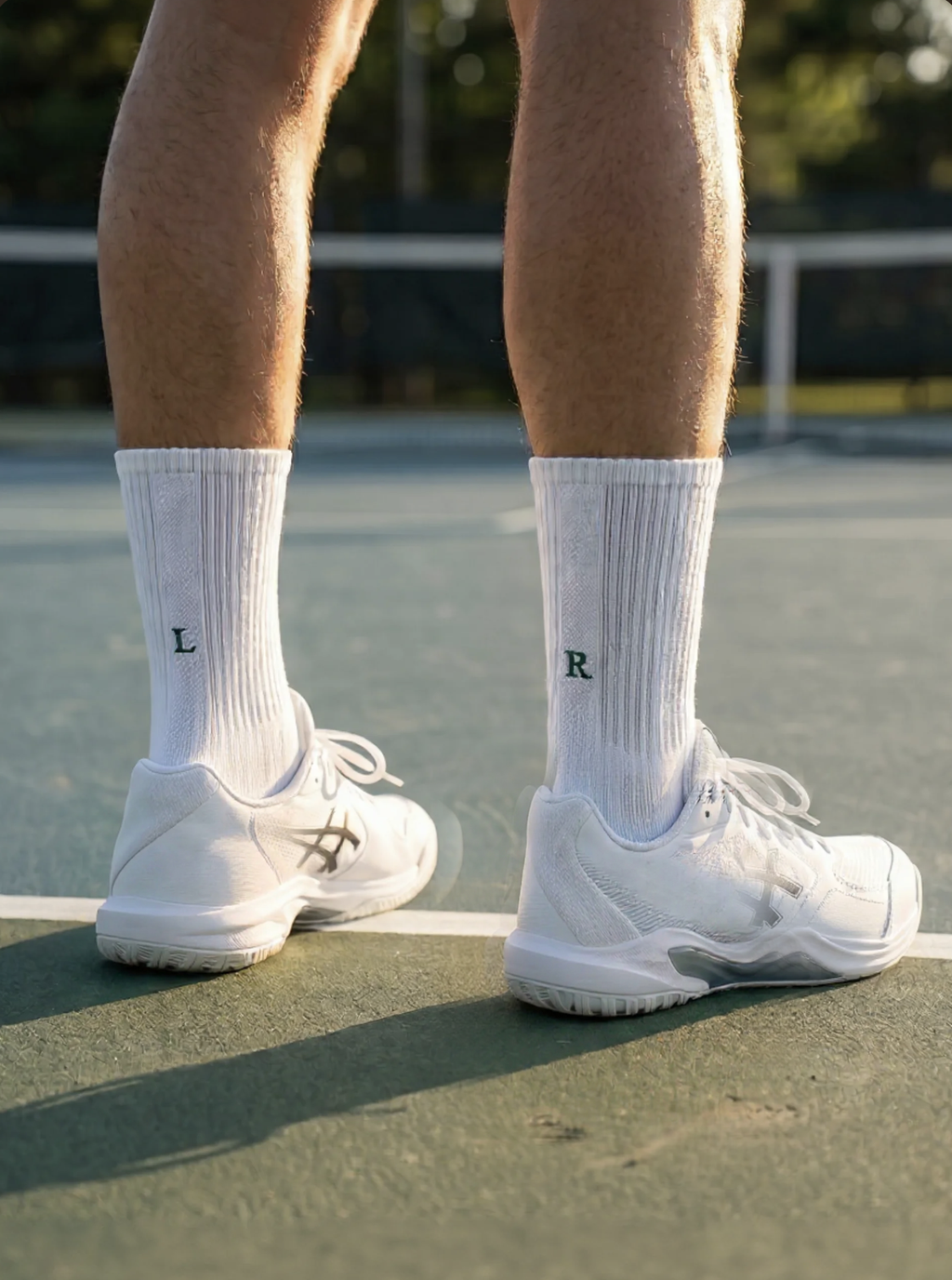 Calze tennis personalizzate con iniziali ricamate in verde, in campo — il miglior regalo per chi gioca a tennis
