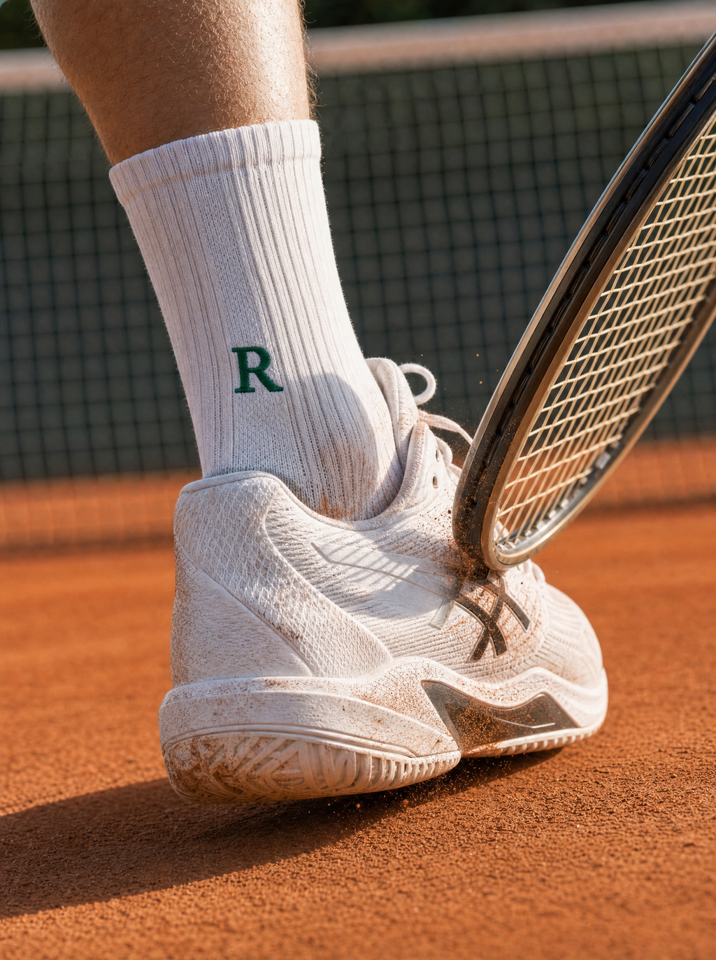 Calze tennis personalizzate con iniziali ricamate in verde, in campo — il miglior regalo per chi gioca a tennis