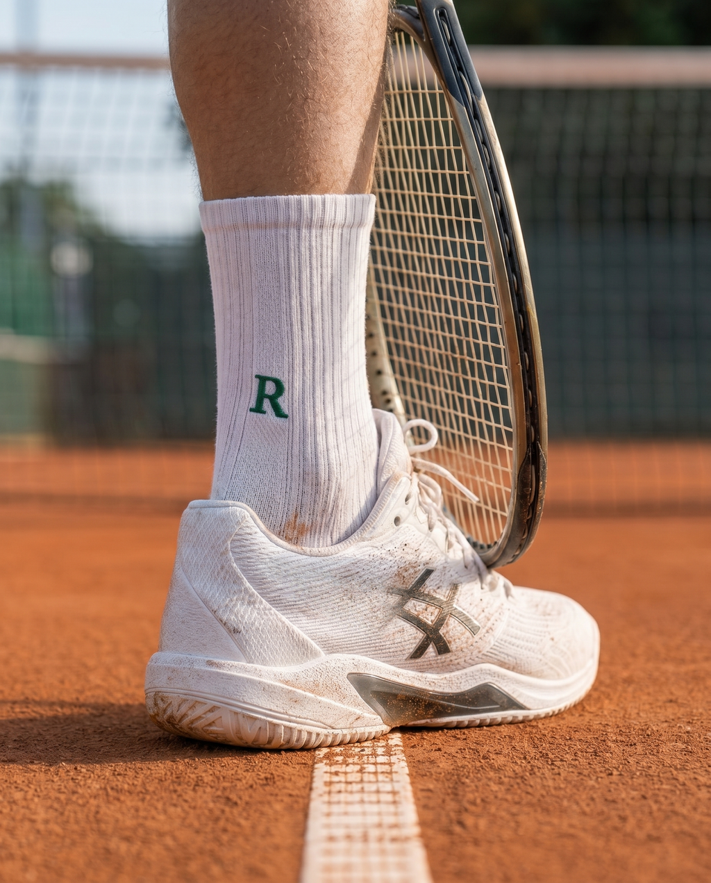 Calze tennis personalizzate con iniziali ricamate in verde, in campo — il miglior regalo per chi gioca a tennis