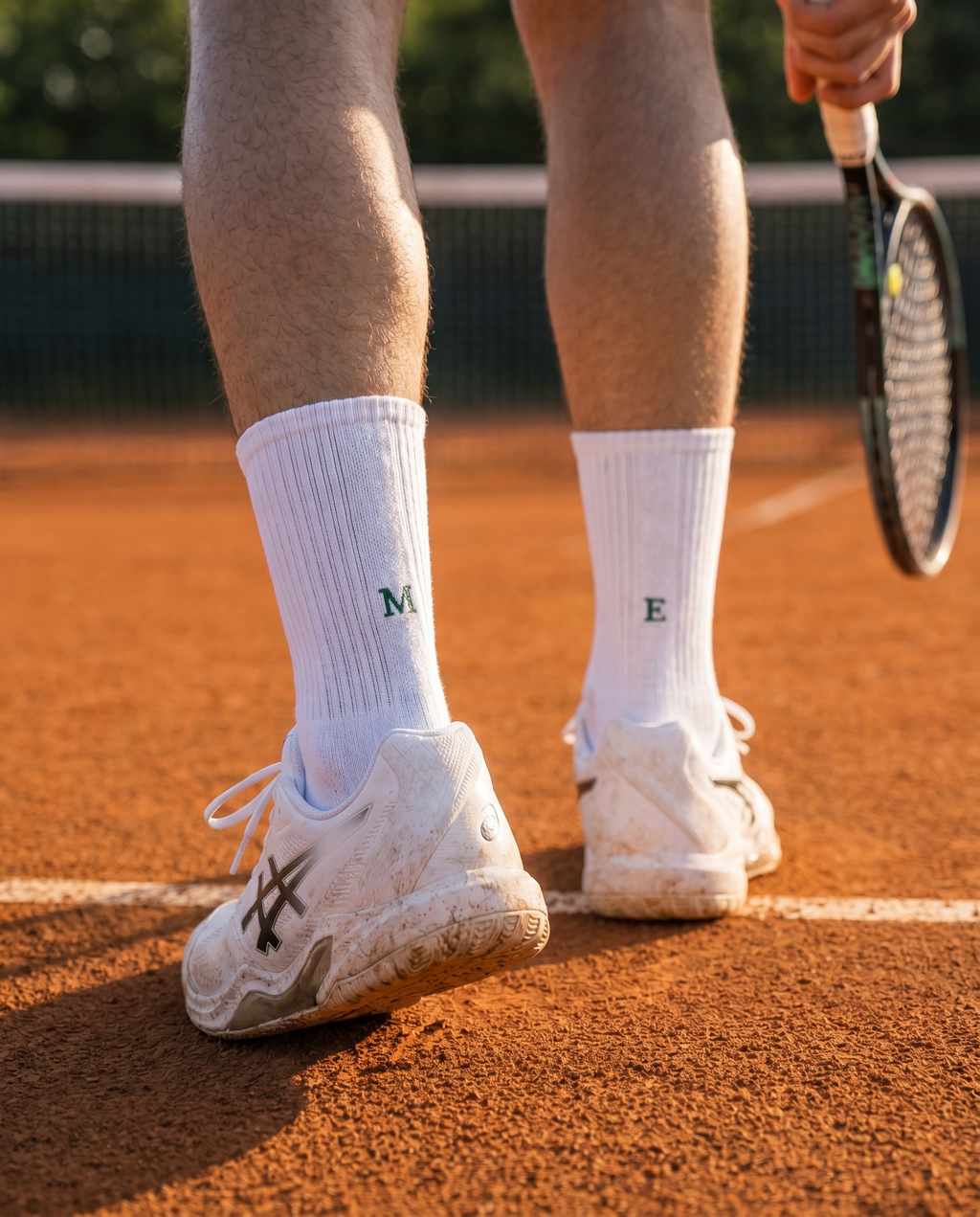 Calze tennis personalizzate con iniziali ricamate in verde, in campo — il miglior regalo per chi gioca a tennis