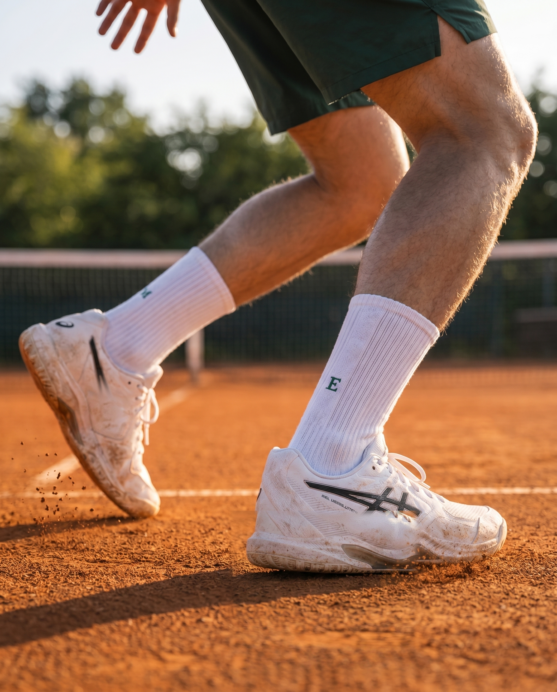 Calze tennis personalizzate con iniziali ricamate in verde, in campo — il miglior regalo per chi gioca a tennis
