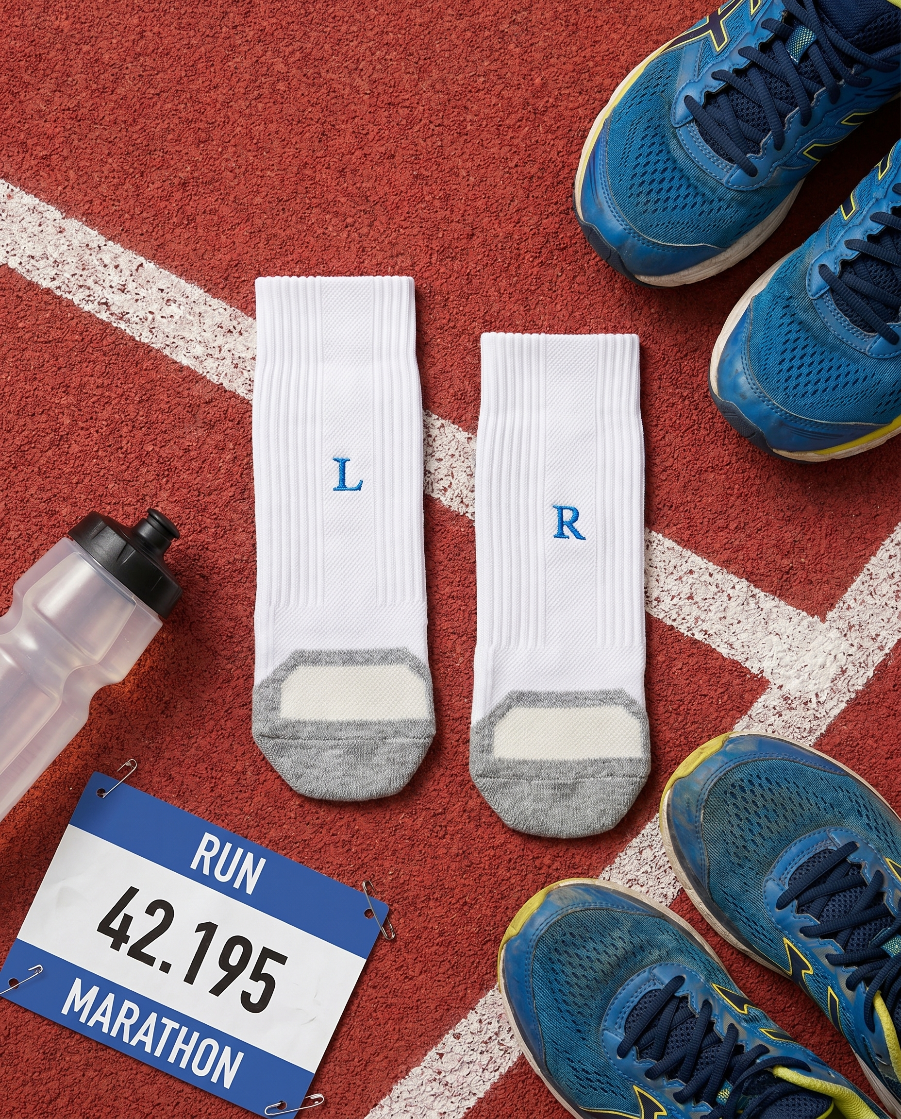 Calze running personalizzate Solo Iniziali, bianche con iniziali ricamate in blu royal — il miglior regalo per chi ama correre