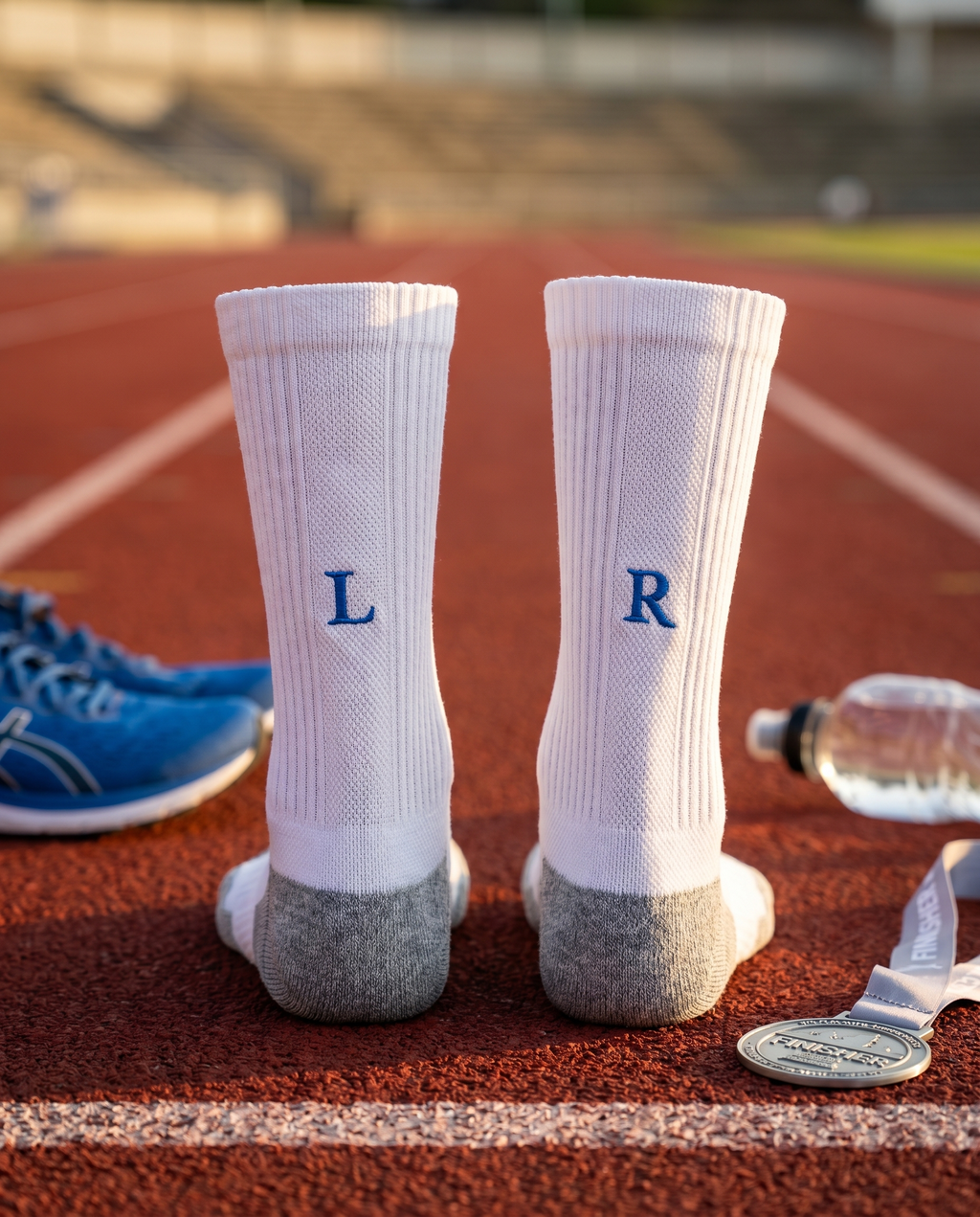 Calze running personalizzate Solo Iniziali, bianche con iniziali ricamate in blu royal — il miglior regalo per chi ama correre