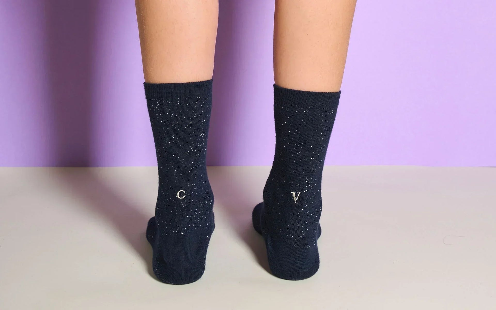 Calze Blu Donna con Lurex Silver e Iniziali Ricamate – Cotone