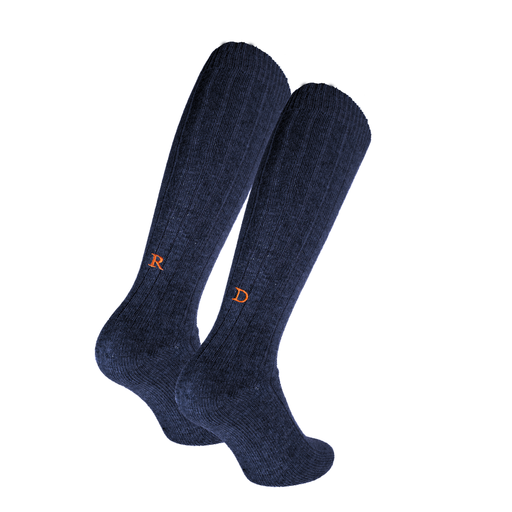 Calze Unisex Cashmere Blend | Blu iniziali Ricamate Arancio | Lunghezza Ginocchio | Taglia 38-41