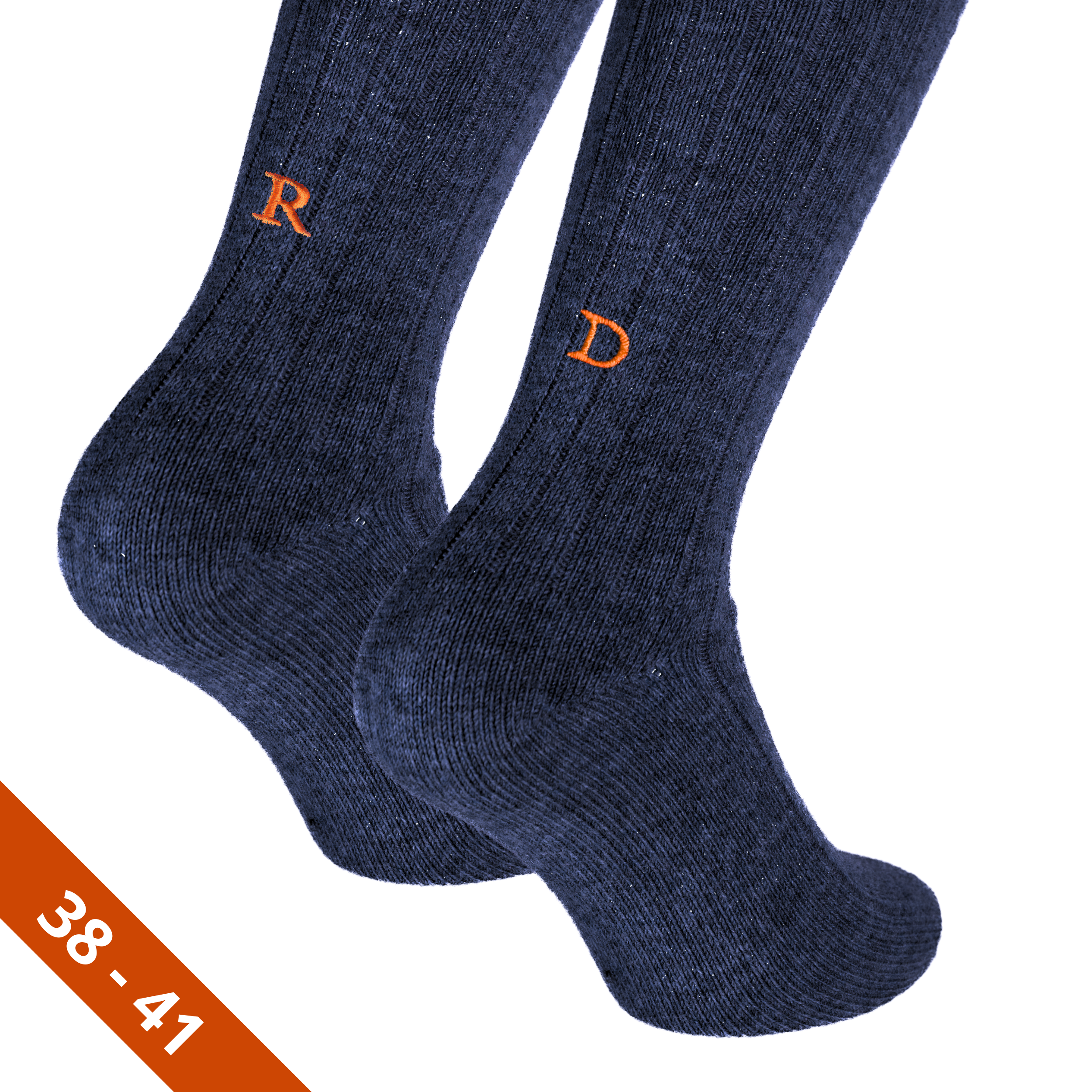 Calze Unisex Cashmere Blend | Blu iniziali Ricamate Arancio | Lunghezza Ginocchio | Taglia 38-41