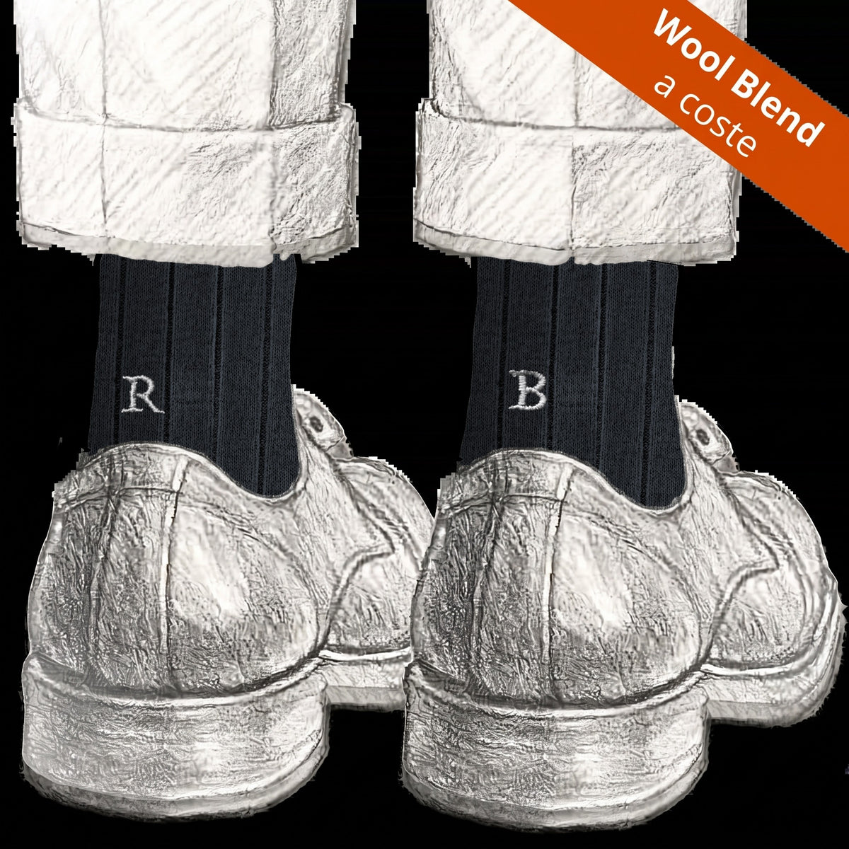Calze nere da uomo in lana merino con le iniziali ricamate in grigio, Individual Socks