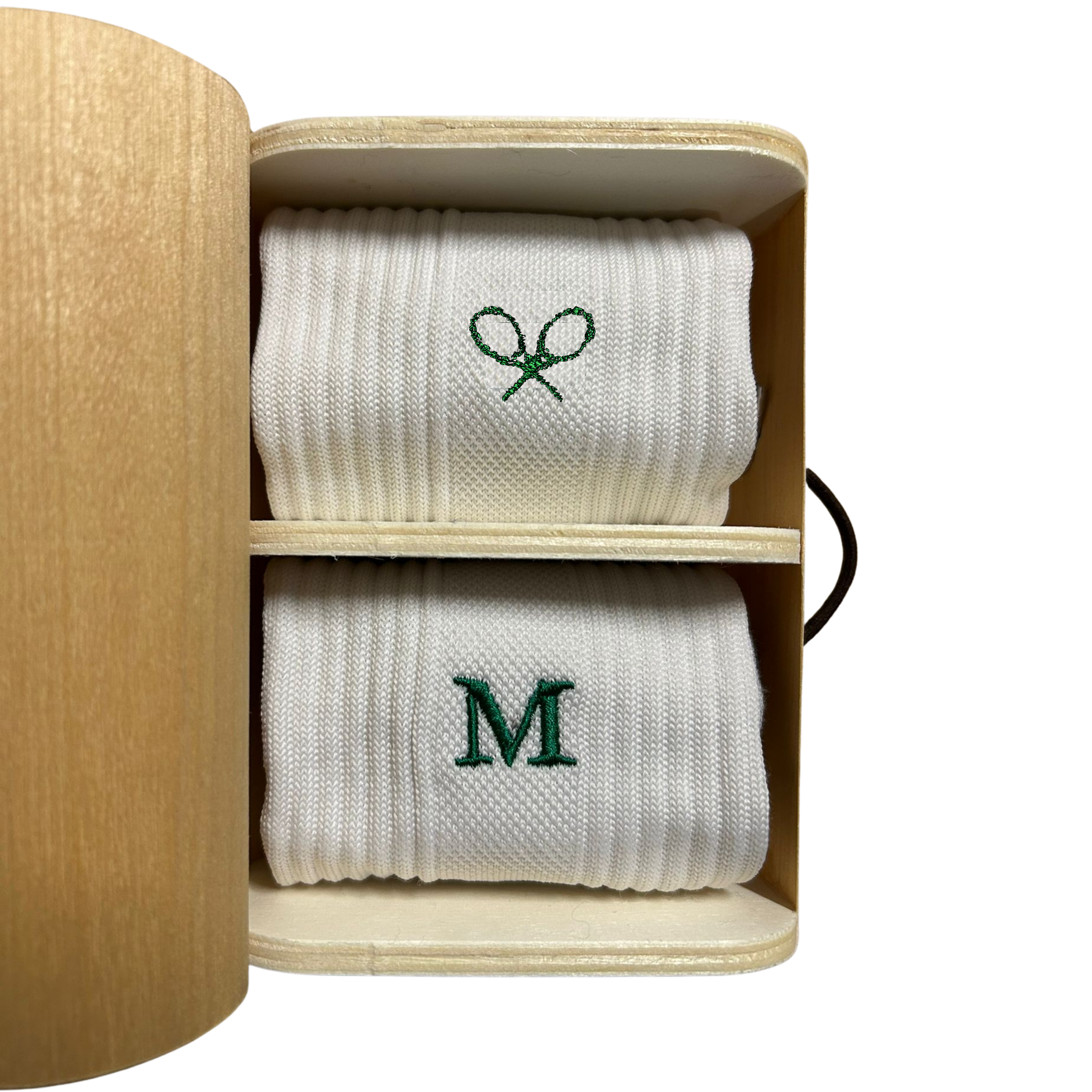 Calze Uomo Tennis Design Edition | Bianco Racchette + Iniziali Ricamate Verdi | Taglia 42/45 | Lunghezza Polpaccio | 32_885