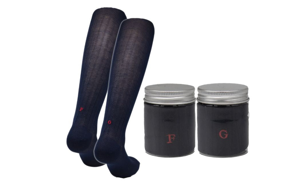 Blue Men's Ribbed Socks with Red Initials - Filo di scozia Super light Stretch - Size 40/45 - 160