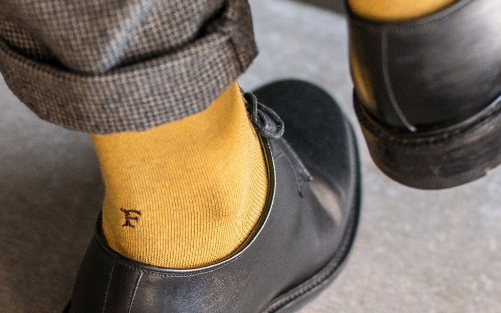 Men's Mustard Socks with Burgundy Initials - Stretch Cotton - Size 40/45 - 108