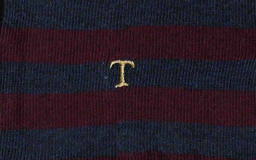 calza uomo riga alta blu melange bordo cotone organico personalizzata iniziali ricamate lettera T T_203A