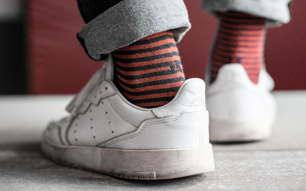 calza uomo riga blu melange - arancio cotone organico personalizzata iniziali ricamate 305__A