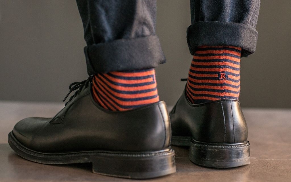 calza uomo riga blu melange - arancio cotone organico personalizzata iniziali ricamate 305A