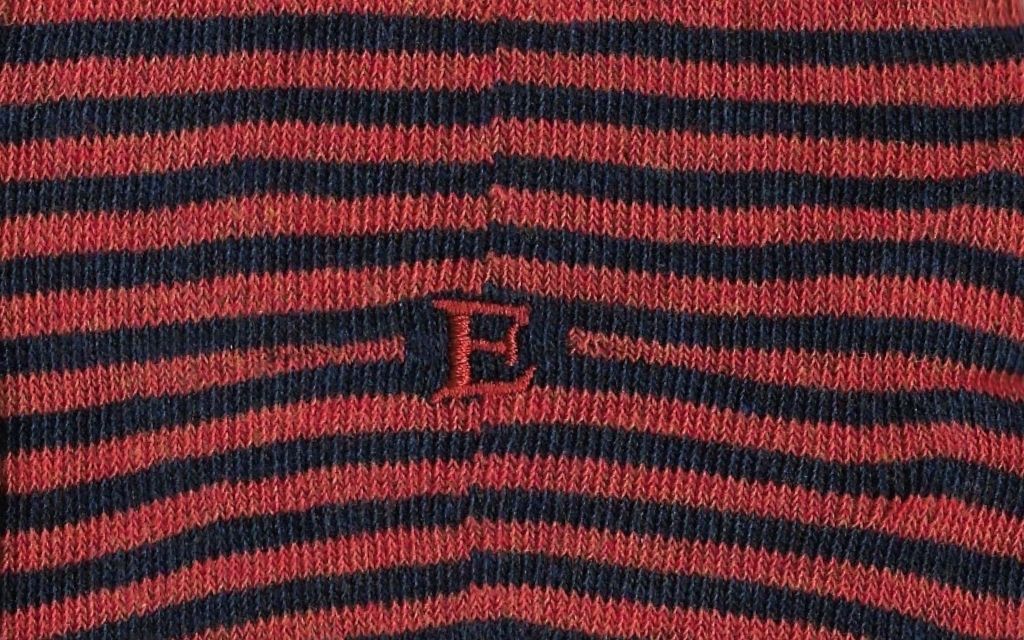 calza uomo riga blu melange - arancio cotone organico personalizzata iniziali ricamate lettera E E_305A
