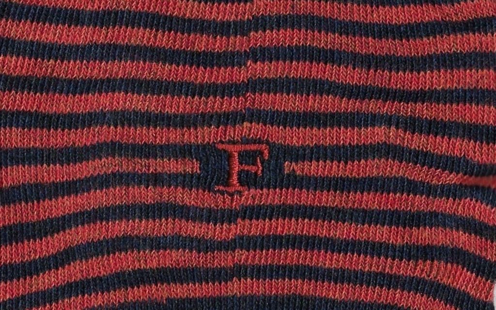calza uomo riga blu melange - arancio cotone organico personalizzata iniziali ricamate lettera F F_305A