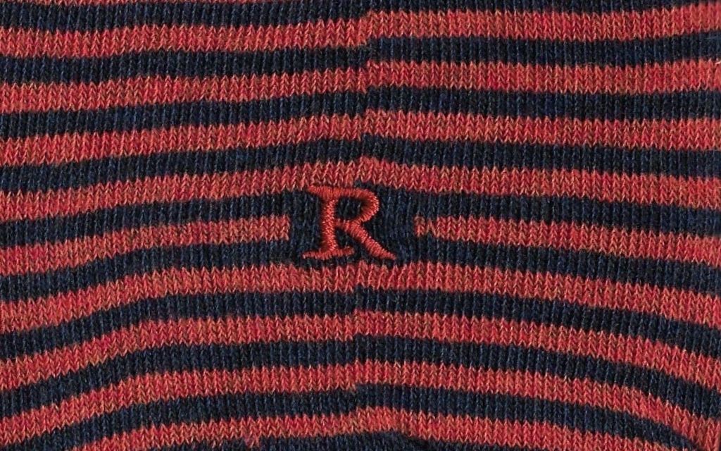 calza uomo riga blu melange - arancio cotone organico personalizzata iniziali ricamate lettera R R_305A
