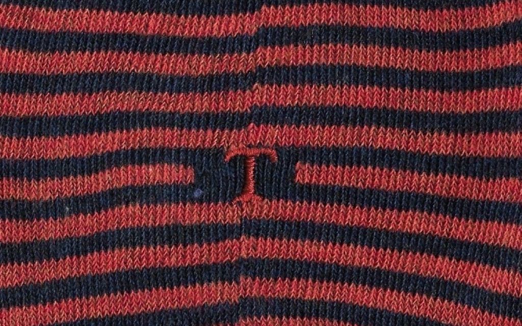 calza uomo riga blu melange - arancio cotone organico personalizzata iniziali ricamate lettera T T_305A