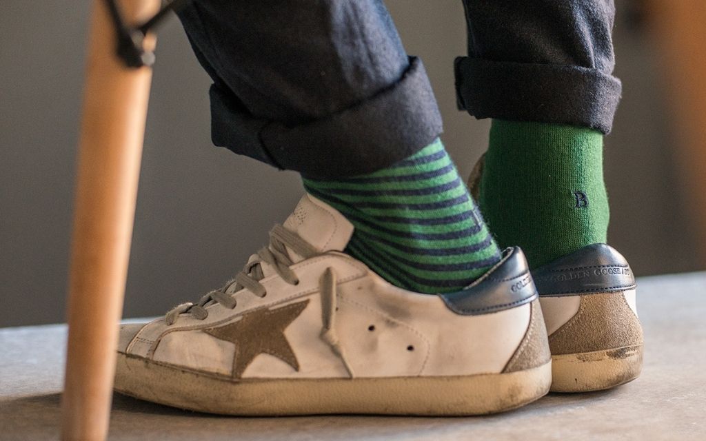 calza uomo riga blu melange - verde cotone organico personalizzata iniziali ricamate 304__A