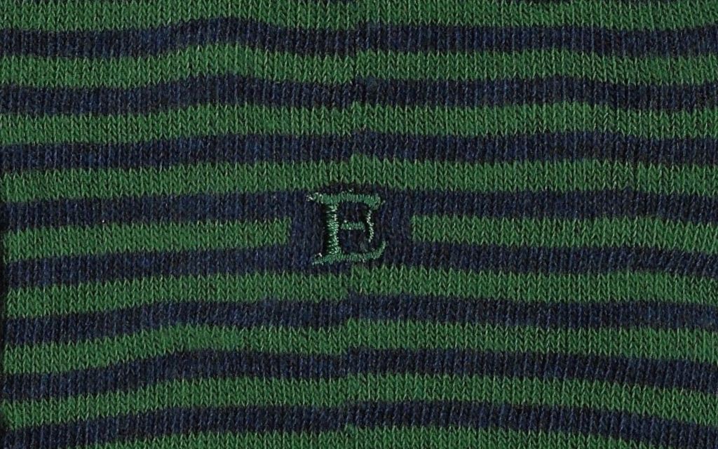 calza uomo riga blu melange - verde cotone organico personalizzata iniziali ricamate lettera E E_304A